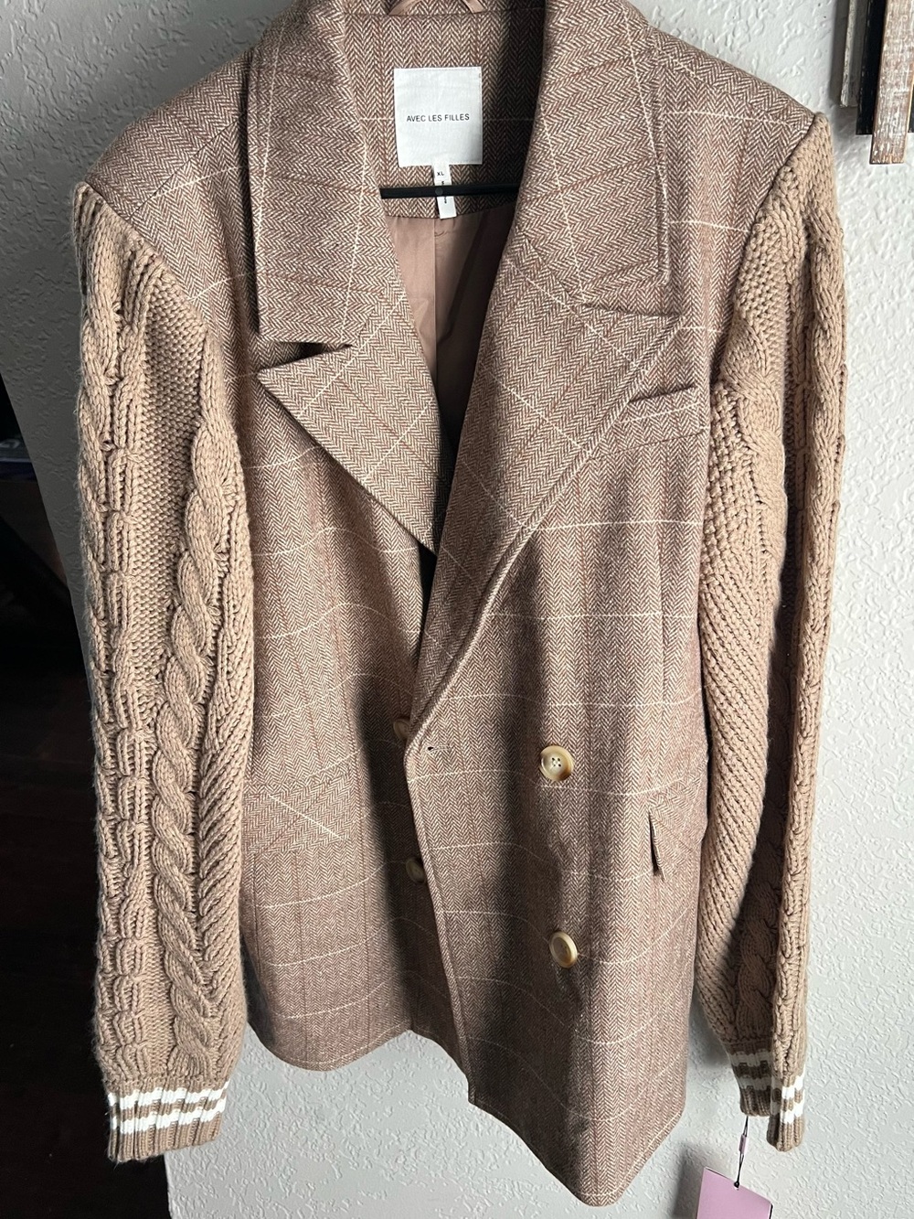 Avec Les Filles Camel Plaid Blazer with Knit Cable Sleeves Double Breasted.